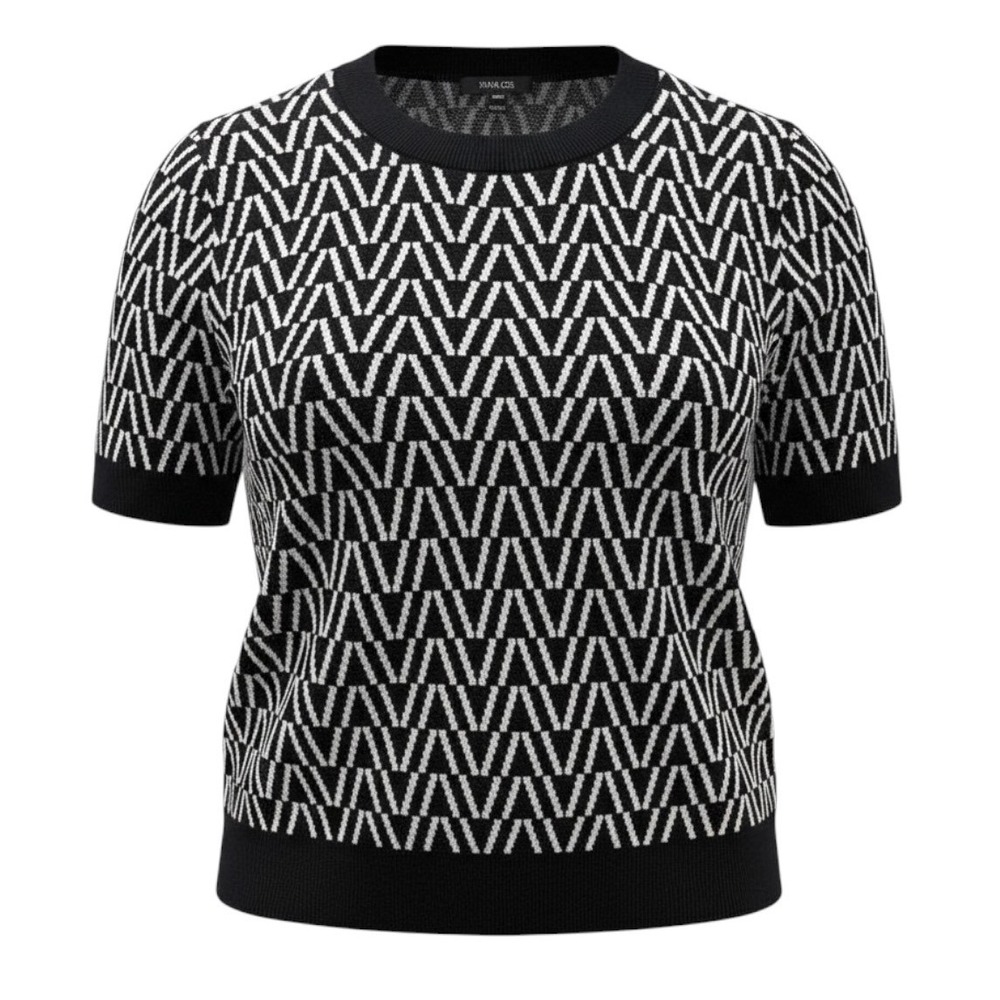 RW&CO Short Sleeve Sweater Geometric Chevron Mod Dark Academia Black White M